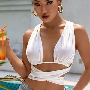 Plunging criss cross tie back tank top